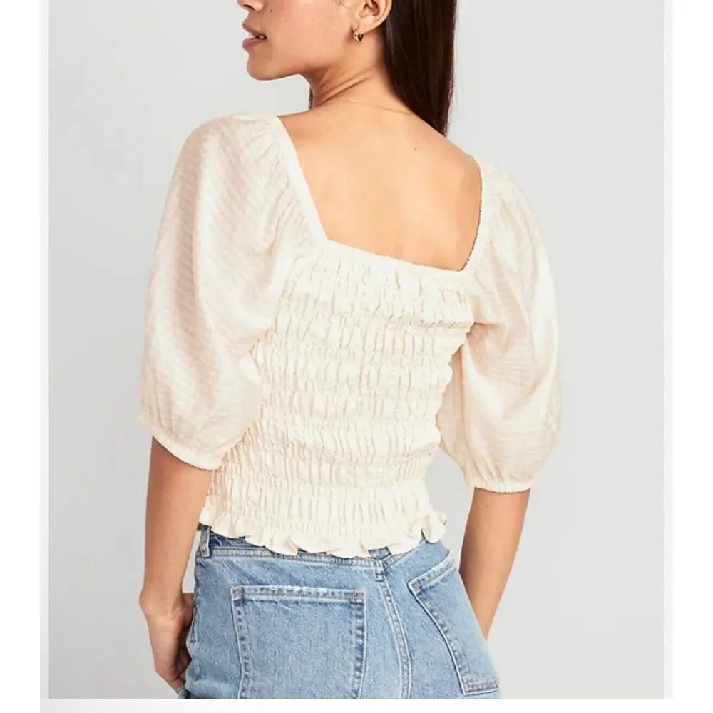 Old Navy Fitted Puff-Sleeve‎ Smocked Top Sz Medium Cream